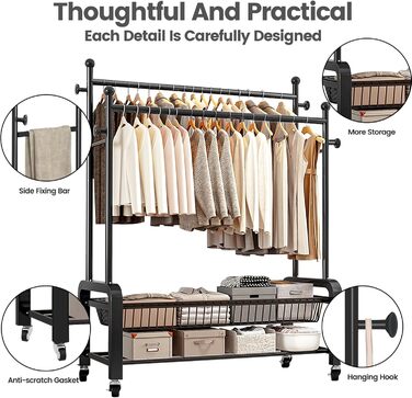 Стійка для одягу на колесах, чорна, з двома перекладинами, подвійне зберігання