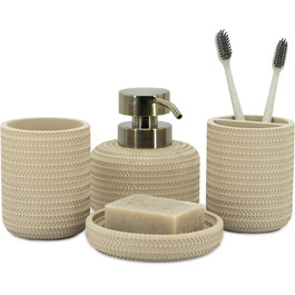 ZCCZ Bathroom Set – 4-Piece Organizer Set with Toothbrush Holder, Soap Dispenser, Cosmetic Bowl, and Cotton Swabs – Elegant Stone-Look Decor, for Modern Bathrooms (Beige 4pcs)