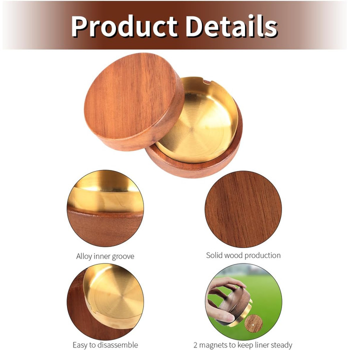 Дзеркальний попільничка для вулиці з дерева Рунає, 90 мм, горіх, з кришкою та знімною вставкою з нержавіючої сталі, для авто, офісу, вітальні, подарунок для чоловіків, дідуся, тата, чоловіка
