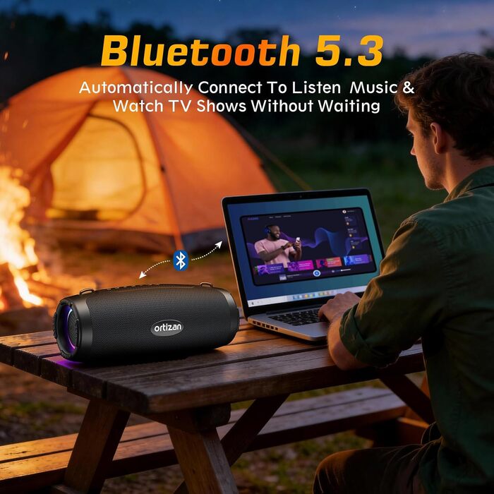 Ortizan Bluetooth колонка портативна 80 Вт, чорна: Водонепроникна IPX7, LED-підсвітка, Power Bank, до 12 год. роботи, Extra Bass