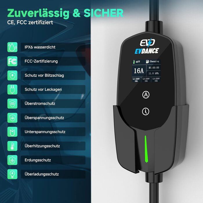 Кабель для зарядки електромобіля Type 2 Schuko, 3.68 кВт, 6.1 м, 6-16A (Чорний)