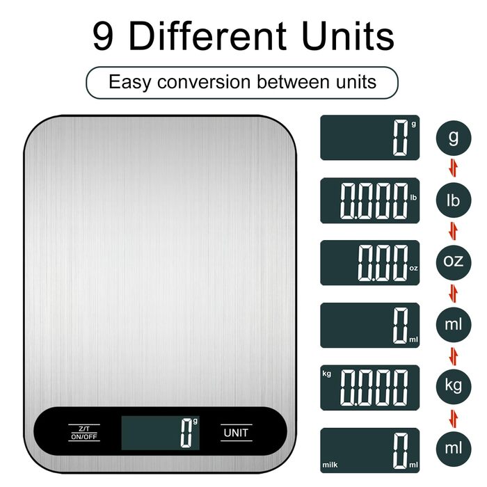 Кухонні ваги Vaolmlop, цифрові, 10 кг, LCD дисплей, багатофункціональні, з нержавіючою сталі, точність 1 г, срібні