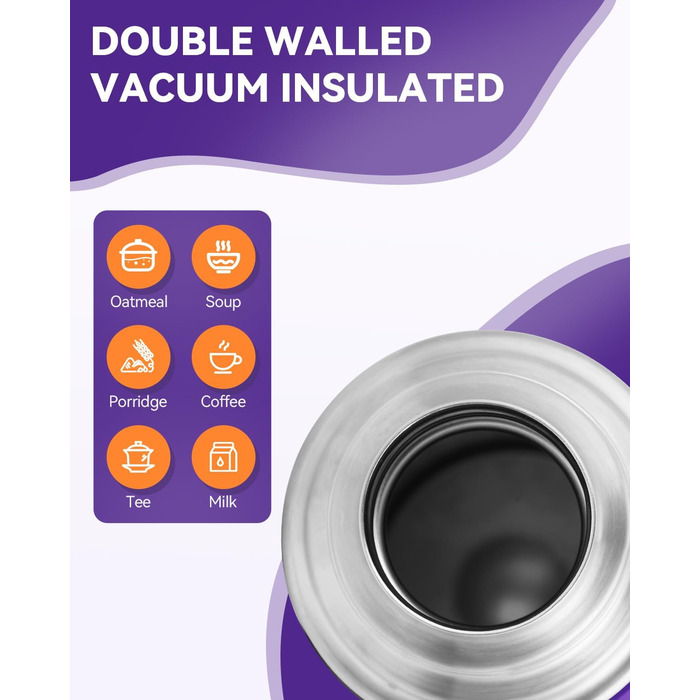 Термос-термокана з нержавіючої сталі SANTECO 1л, 500мл, не протікає, з кришкою-чашкою для подорожей. Термос для кави та чаю для дітей, спорту, без BPA, 24 години холод, 12 годин тепло (фіолетовий, 500 мл)