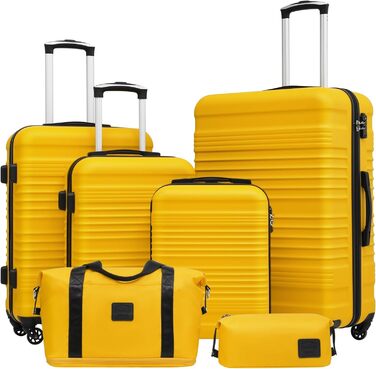 Набір валіз COOLIFE 6 шт: дорожній набір 16', 20', 24', 28' + сумка та косметичка | ABS, 360° колеса, TSA-замок для Європи, круїзу та навчання за кордоном – необхідне для сімейного відпочинку. Білий/Коричневий (Набір валіз 6 шт, Жовто/Чорний)