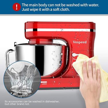 Кухонна машина Vospeed (червона), тістоміс 5QT, 8 швидкостей, чаша з нержавіючої сталі, набір насадок (гак, вінчик, міксер), придатна для мийки в посудомийній машині