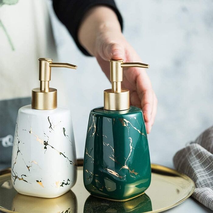 Керамічний дозатор для мила FülleMore 350 мл, наповнюваний, золото, мармур, для кухні та ванної кімнати
