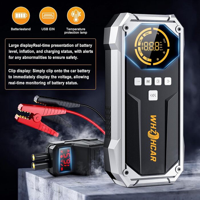 Портативний пусковий пристрій Starthilfe Powerbank з компресором 26800mAh, 6000A, 150PSI, LCD, LED, чорний