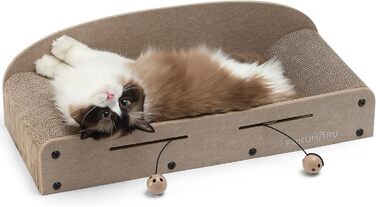 Cat Scratch Board, 66CM Durable Scratch Cardboard and Felt, Large Lounger, 2 Reversible Cat Scratch Pads for Cats, Recyclable Cardboard Cat Bed with Bell Ball Toy, Caramel Color (Large Format Beige)