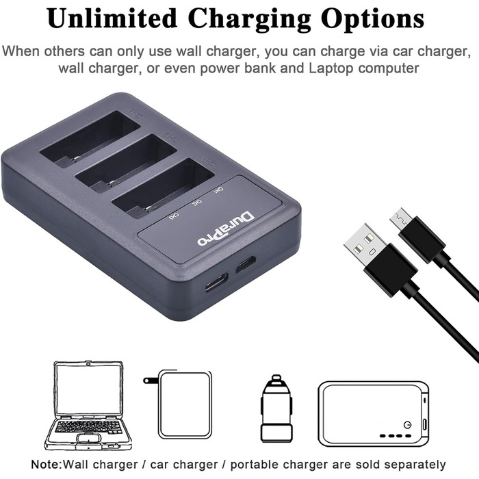 Акумулятор DuraPro 3 шт. 1600mAh для GoPro Hero 5/6/7 + Швидка зарядка LED 3 слоти USB Type-C