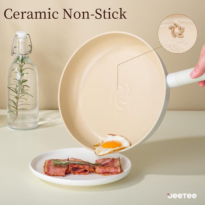 Набір посуду JEETEE 17 предметів з антипригарним покриттям Ceramic, знімні ручки. Комплект каструль та сковорідок 16/20/24/28 см, глибока сковорода 28 см. Підходить для всіх типів плит, можна використовувати в духовці.