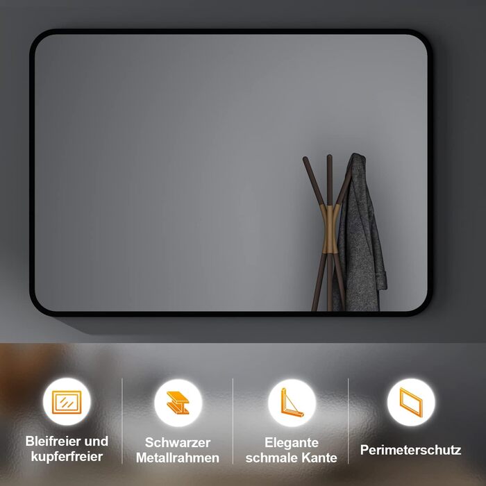 Дзеркало настінне прямокутне з заокругленими кутами, 40x60 см, чорне, нержавіюча сталь. Підходить для ванної кімнати та вітальні.
