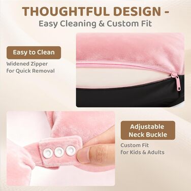 Подушка для шиї Mewaii з капюшоном, двостороння, для дітей та дорослих, милий дизайн котика, захист приватності, м'яка піна Memory Foam, подушка для подорожей на літаку та в авто (Рожева)