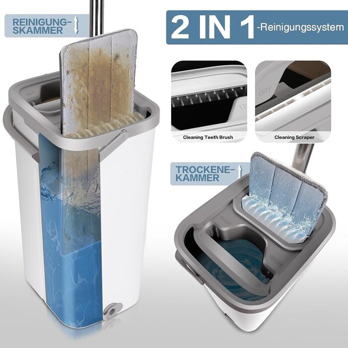 Набір для миття підлоги з відром, Masthome - компактний моп та відро з віджиманням, 3 мікрофібрових насадок та нержавіюча ручка, 2 в 1, для дерев'яних, плиточних та мармурових підлог (білий)