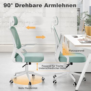 Офісний стіл Naspiro Bürostuhl: ергономічний стілець з сітчастою спинкою, підтримкою попереку, м'яким сидінням та регулюванням висоти. Кольори: сірий (зелений), з підголівником. Для дому та офісу.