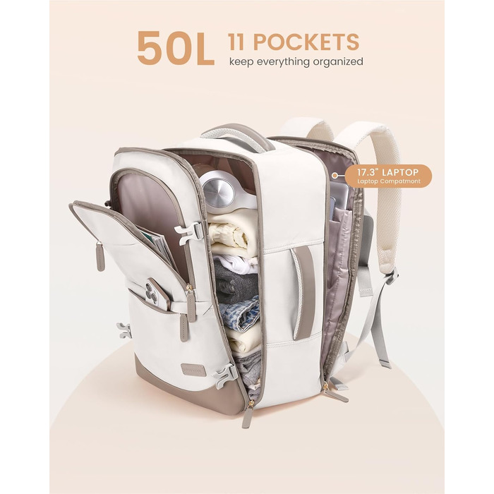 LOVEVOOK Рюкзак для ручної поклажі 40л, для подорожей, з відділенням для мокрого та сухого, для ноутбука, 45x36x20 см (Бежевий Хакі)
