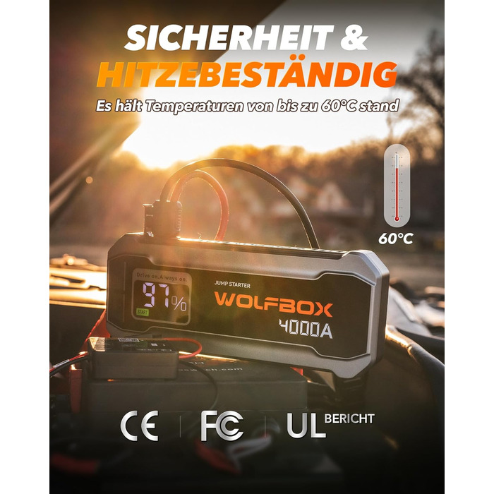 WOLFBOX Powerbank для запуску авто 4000A, 12V, з LED-ліхтарем та великим екраном, для легкових автомобілів, SUV, вантажівок та мотоциклів
