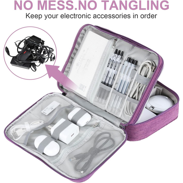 Органайзер для кабелів AiQInu: універсальна дорожня сумка-кубик, 3 шари, водонепроникний, для кабелів, power bank, USB, SD карт (фіолетовий)