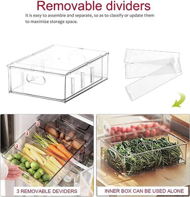 Refrigerator Organizer Drawer Set with Handle, 3-Piece Stackable Kitchen Storage Boxes with Pull-Out Drawer & Lid for Vegetables, Berries, Meat | PET Plastic Food Storage Containers