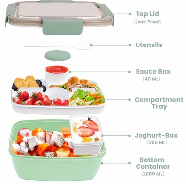 Ланчбокс Bugucat 2000 мл, витримує протікання, бенто-бокс з відділеннями для їжі, контейнер для салату, набір з виделкою, для школи, пікніка, чорний (2000 мл)