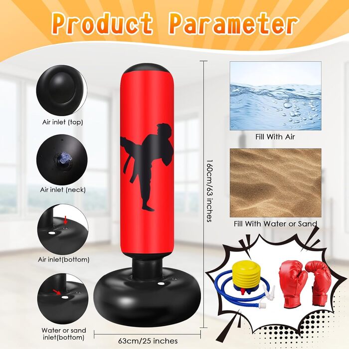 Боксерський мішок для дітей Ninonly з рукавичками та насосом. Ідеально для дому, вулиці, спортзалу від 6 років. Червоний.