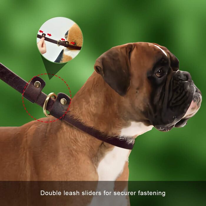 Wellbro Dog Leash made of genuine leather, soft, adjustable pet retriever leash with slider, durable, 1.8 m long x 1.8 cm wide, Brown