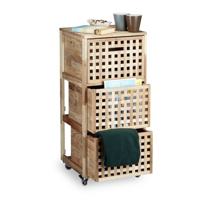 Relaxdays 3-Drawer Rolling Storage Cabinet in Walnut Finish