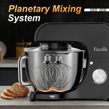 Планетарний кухонний комбайн-міксер 1300W, чаша з нержавіючої сталі 5.5л, 10 швидкостей, з насадками (гак, вінчик, міксер) та захистом від бризок, чорний