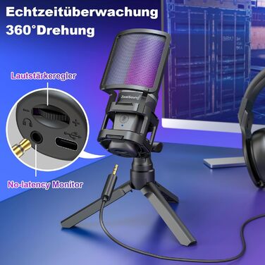 Zealsound USB Мікрофон для ПК та телефону – RGB, з регулюванням гучності, поп-фільтром, тримачем, та 2 адаптерами для подкастів, стрімінгу, Discord, YouTube, TikTok A68