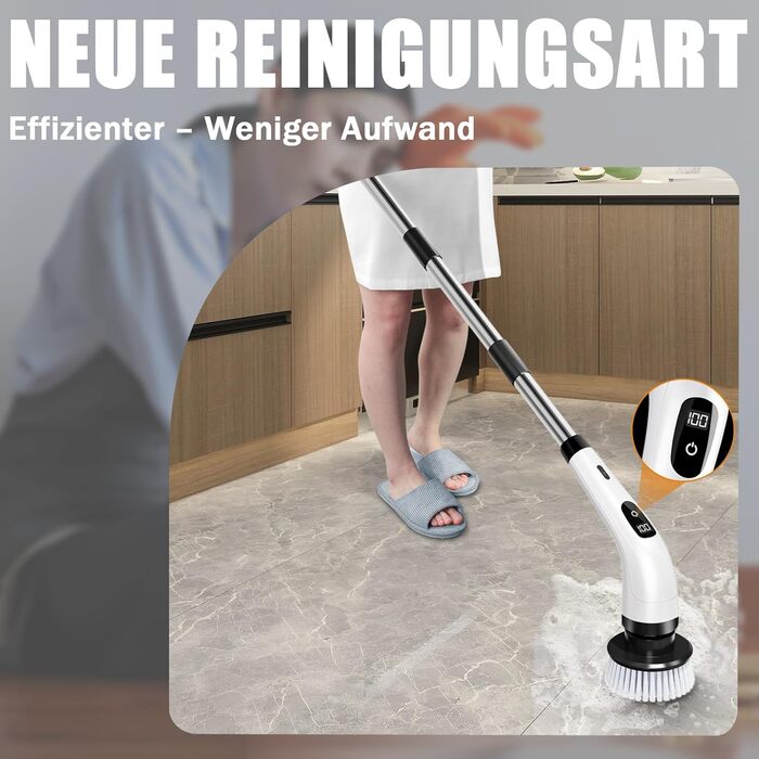 Електрична ротаційна щітка для прибирання: 8 насадок, регульована ручка, USB-C зарядка. Підходить для підлоги, плитки, ванної, кухні та душу