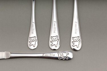 Дитячий столовий прилад Kinderbesteck з гравіюванням імені/мотива 'Teddy Bärchen' (ведмедик), 1 або 4 шт. у наборі, з нержавіючої сталі, гравіювання стильною літерою