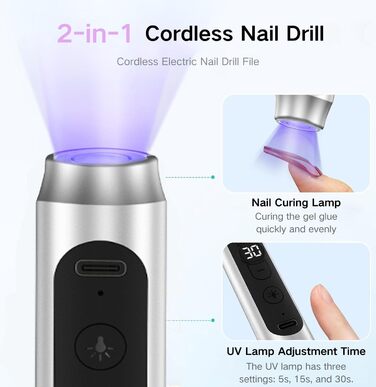 Портативний фрезер для нігтів бездротовий 12 в 1 Професійний електричний набір для манікюру та педикюру USB, перезаряжається, 9 швидкостей, 20000 об/хв, срібний