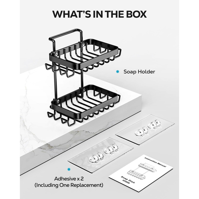 Підставка для мила на 2 рівні від Nieifi з водовідведенням, нержавіюча сталь, без свердління для душової кабіни, чорна