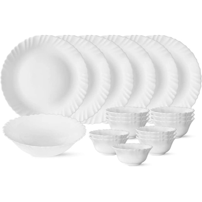 Набір посуду Larah, 35 предметів: тарілки, миски, кришки, ложки, сервіз на 6 осіб, опал, міцний, легкий, для мікрохвильової печі та посудомийної машини, білий з зеленими квітами