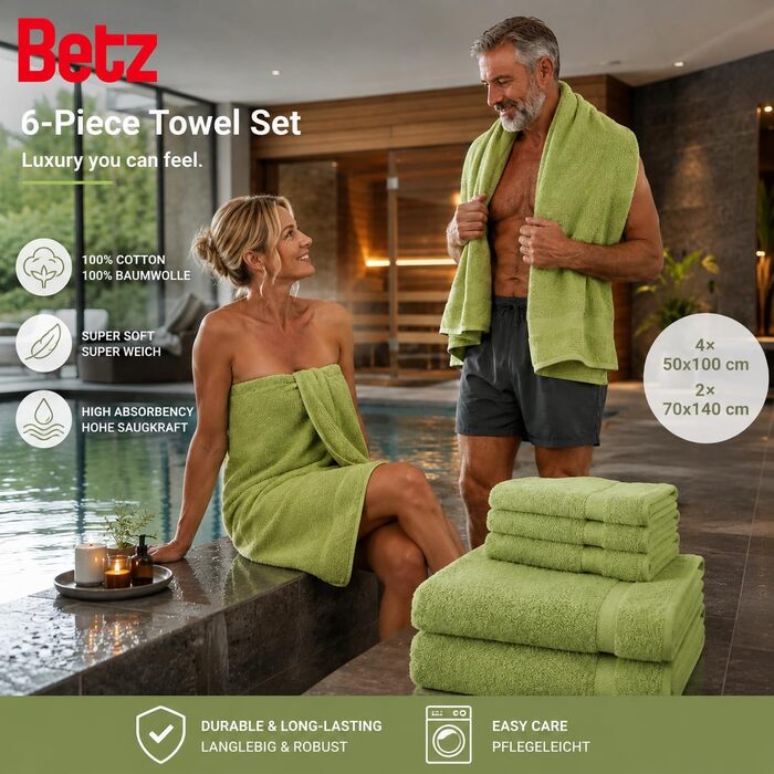 Набір рушників Betz Premium 6 шт. (4 шт. 50x100 см, 2 шт. 70x140 см), 100% бавовна, для ванної та гостей, колір Авокадо