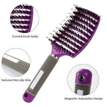 Двохсторонна щітка для волосся з щетиною дикого кабана (чорний та фіолетовий) - безшумна, розподіляє олію, випрямляє волосся, дихаюча, прискорює сушіння