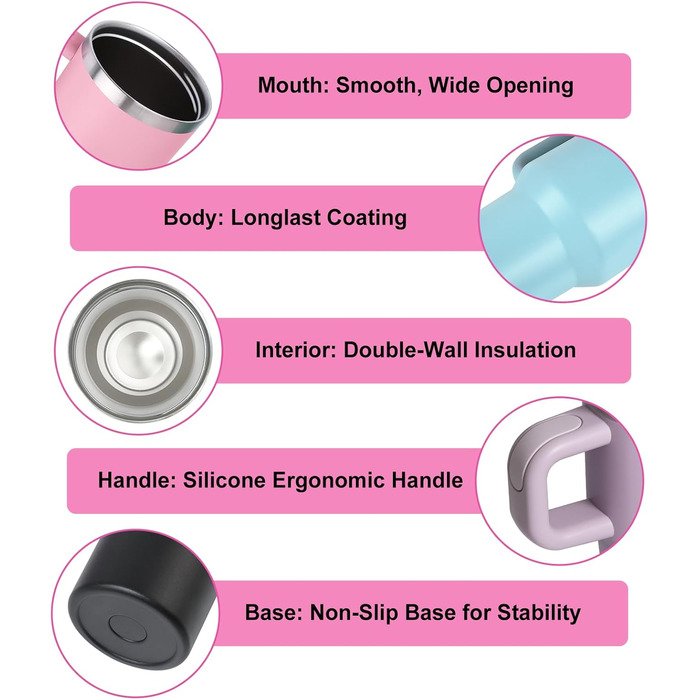 Термокружка ZAKVOP 410мл з трубочкою, кришкою та ручкою, рожева | Термокружка для кави та напоїв на виніс