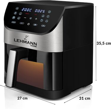 Електрична фритюрниця LEHMANN 6L з прозорим вікном, 1500 Вт, 12 програм, регулювання температури 76-200°C, таймер, LED-дисплей, фритюрниця без олії для приготування на грилі, випікання та смаження