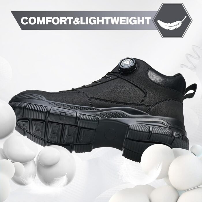 Черевики безпеки для чоловіків та жінок. Легкі, водонепроникні робочі черевики з металевим підноском та поворотним закриттям. Розмір 44 EU, чорний колір.