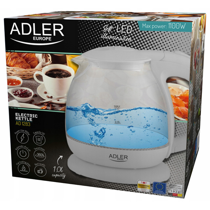Скляний електрочайник Adler AD 1283, 1 л, сірий, з LED-підсвіткою