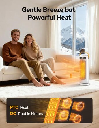 Електричний обігрівач PTC керамічний 1500W з пультом керування, 4 режими, осциляція 110°, таймер 1-10 год, захист від перегріву та перекидання. Компактний обігрівач для дому (білий)