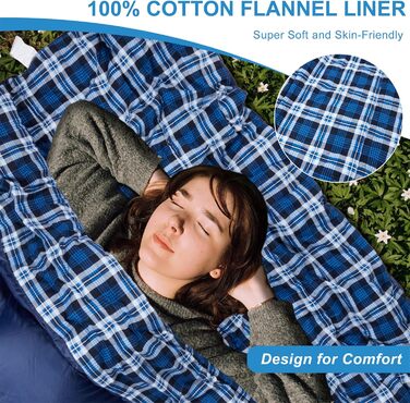Cotton Flannel Double Sleeping Bag for Camping, Hiking, and Backpacking - Queen Size 2 Person Waterproof Sleeping Bag for Adults & Teens - Lightweight Blue/Blue