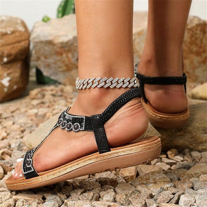 Босоніжки жіночі Slingback ортопедичні літні, стиль Boho, м'яка підошва, з устілкою, дихаючі, відкритий носок, для широкої ноги (халюс вальгус), чорні, 40 EU