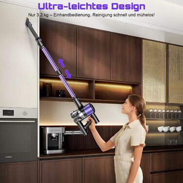Бездротовий акумуляторний пилосос 45000 Па/500 Вт/45 хв з висувним шлангом 73 см, LED-дисплеєм та щіткою Anti-Tangle для твердих поверхонь, килимів та шерсті тварин, фіолетовий
