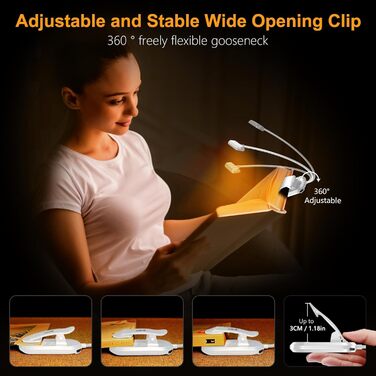 Світлодіодна кліпса-лампа Gritin для читання з 19 LED, 3 режимами кольору та димуванням, USB-перезаряджувана, гнучка, біла