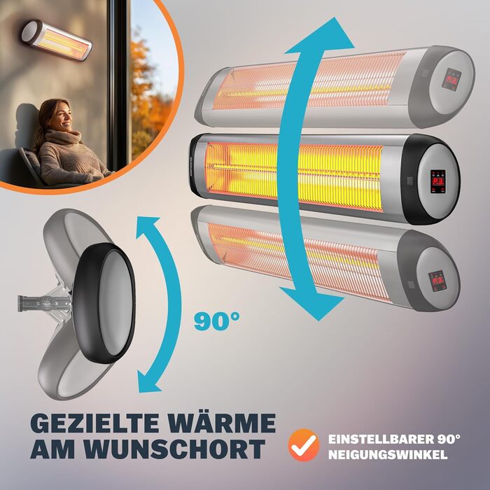 Інфрачервовий обігрівач MONZANA® MZH2501 з таймером, 2500W, 3 режими, 24 год, пульт ДУ, кут нахилу 90°, електричний, для тераси (сріблястий)
