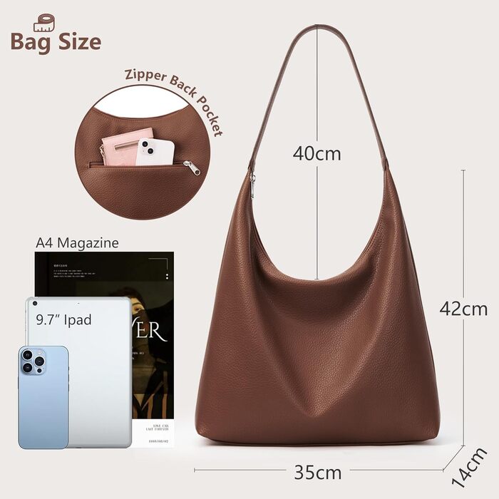 Сумка жіноча KALIDI Shopper з PU шкіри, велика сумка-тоут Hobo, темно-коричнева для роботи, навчання, повсякденного використання