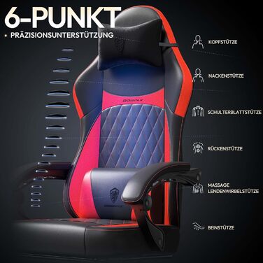 Ігрове крісло Dowinx Racing з ергономічною підтримкою попереку, чорно-червоне, PU шкіра, 150 кг