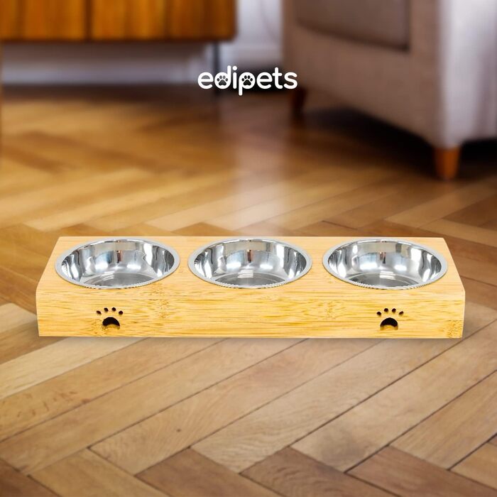 Дві миски для їжі та води для собак та котів з бамбуковим дном Edipets (нержавіюча сталь, тримісні)