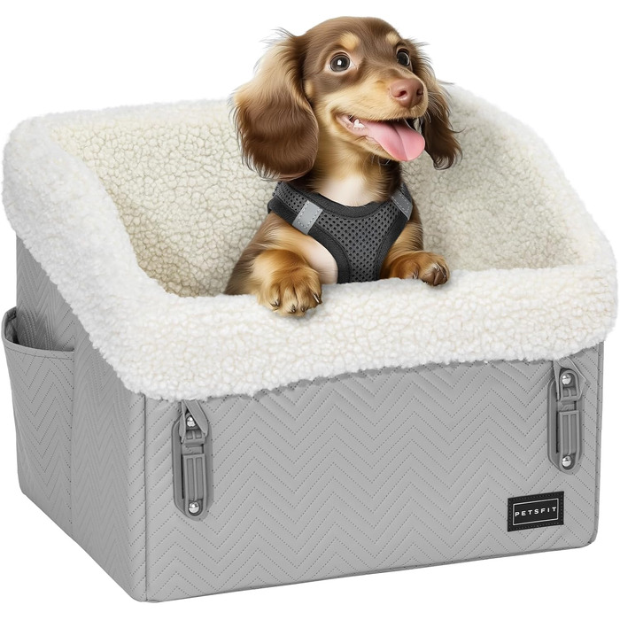 PETSFIT Автокрісло для собак, автокрісло для маленьких собак з безпечними патентованими ременями, знімний та пральний плюшевий чохол, сірий колір