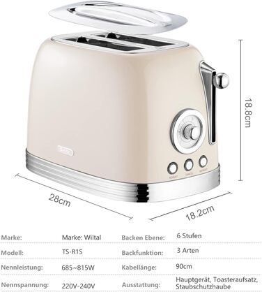 Електричний чайник та тостер Retro, зелений (кремово-білий), нержавіюча сталь, 2200 Вт, 1.8 л, BPA-free